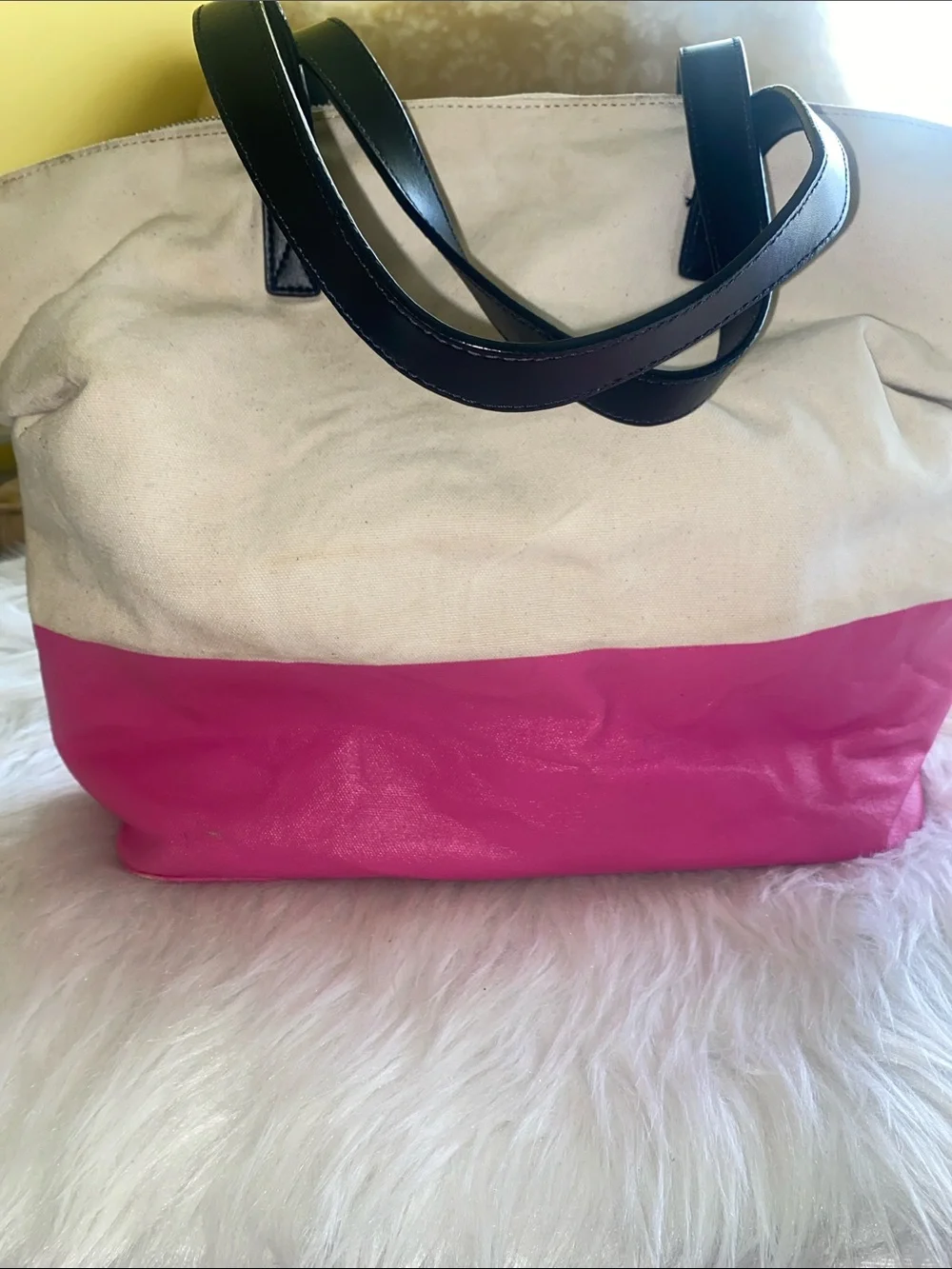 kate spade Cream and Bright Pink Canvas Tote with Slogan
